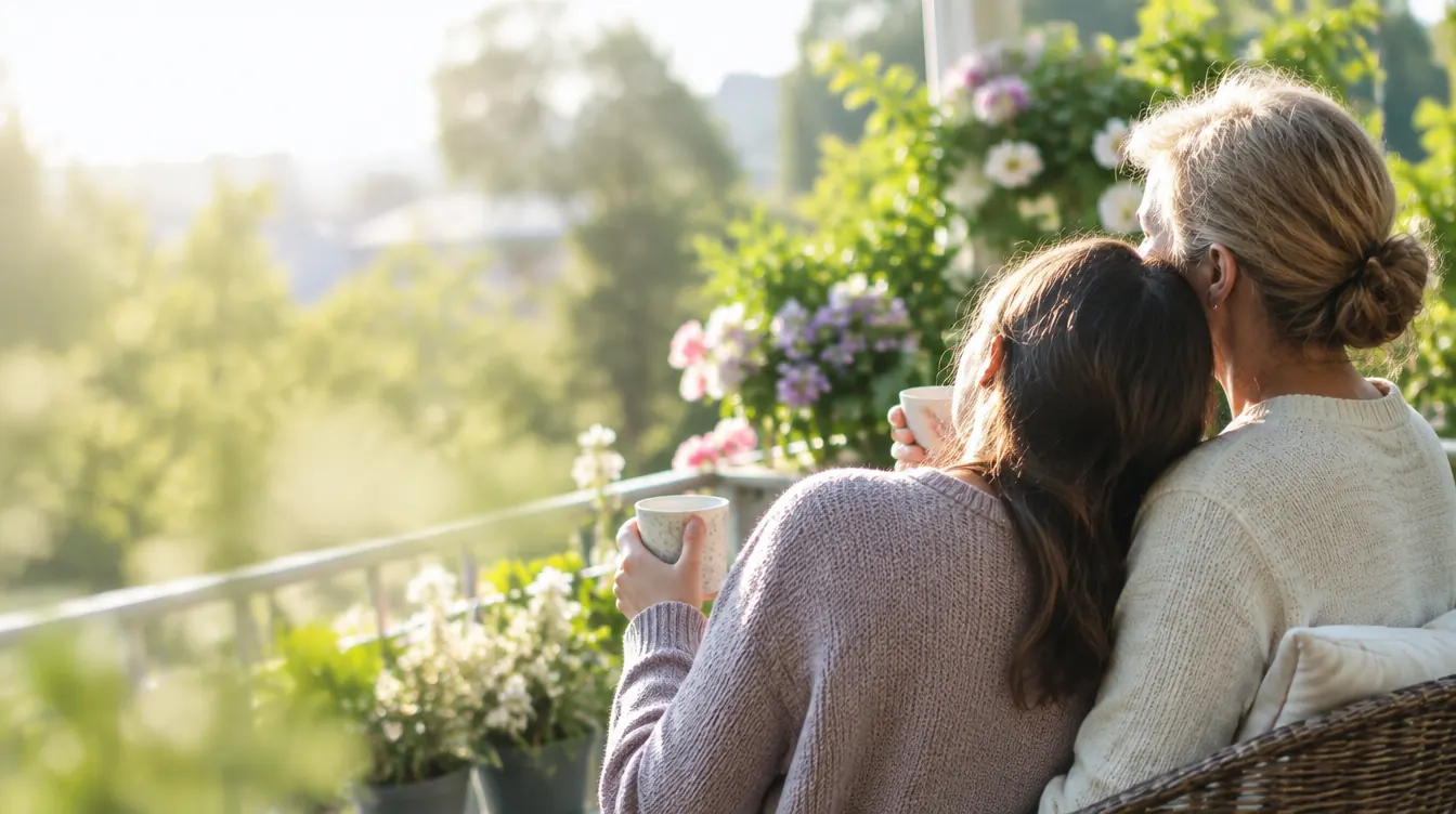 KI-generiertes Bild: Eine Tochter lehnt sich mit ihrer Mutter auf einem sonnigen Balkon mit Blumen aneinander, beide halten eine Tasse